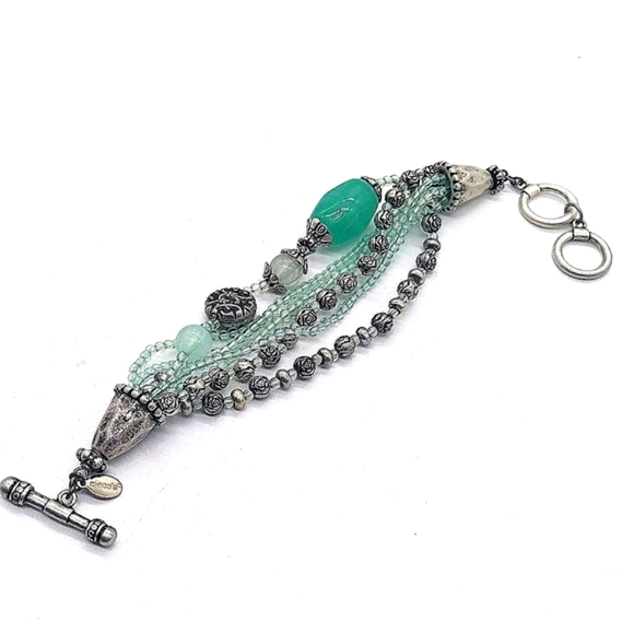 CHICO'S Cool Waters Antiqued Matte Silver Toggle Genuine Stone Bracelet - Picture 2 of 3